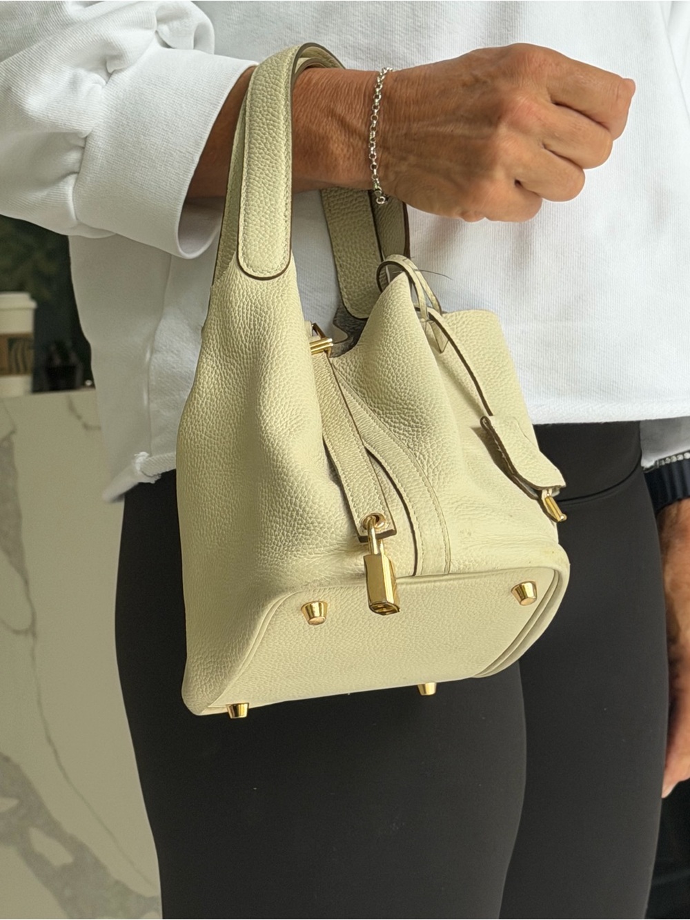 Cream Pebbled Leather Top-Handle Bag with Gold Hardware
